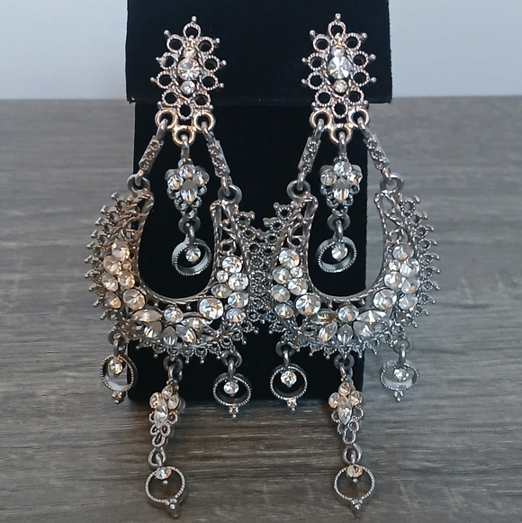 Vtg Chandelier Dangle Rhinestone Crystal Statement Earrings - Picture 2 of 16